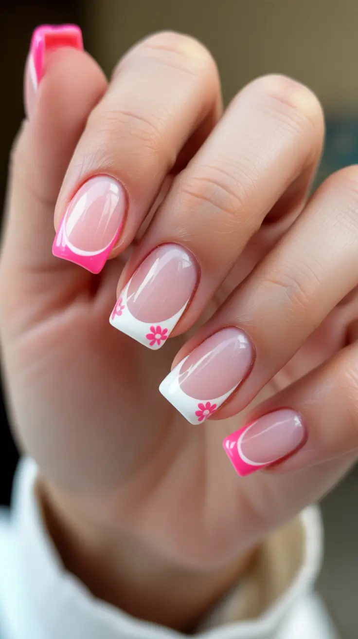 French Spring Nails 2026 + Hot Pink And White Square French With Mini Flower Corners