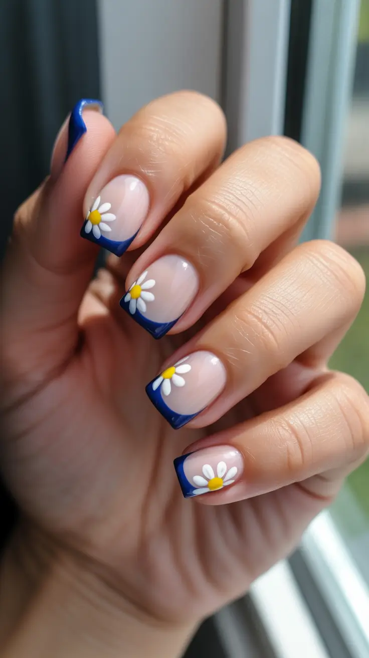 French Spring Nails 2026 Navy Micro-Daisy French For Cool-Girl Spring