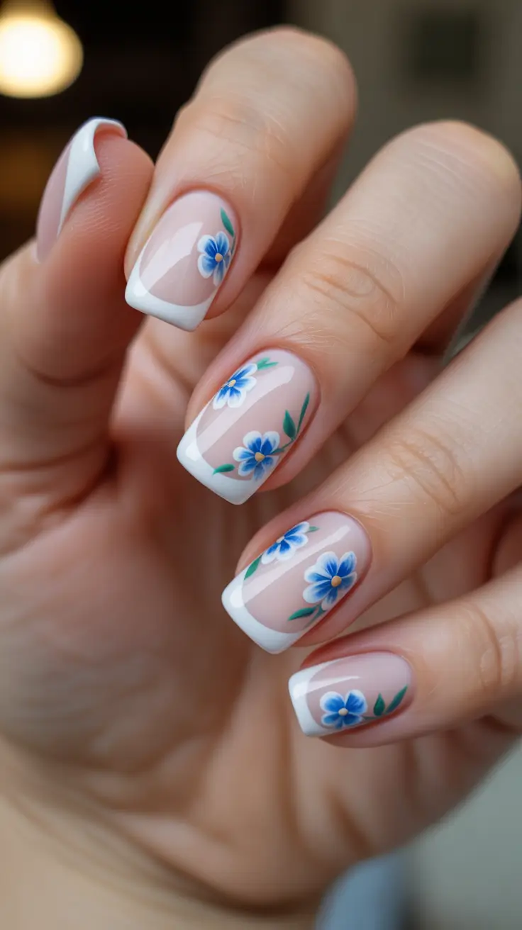 French Spring Nails 2026 Crisp White French With Blue Blossom Details