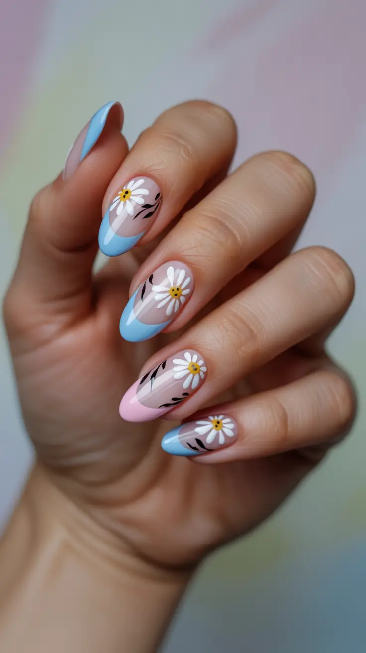 French Spring Nails 2026 + Sky Blue French Tips With Daisy Pop