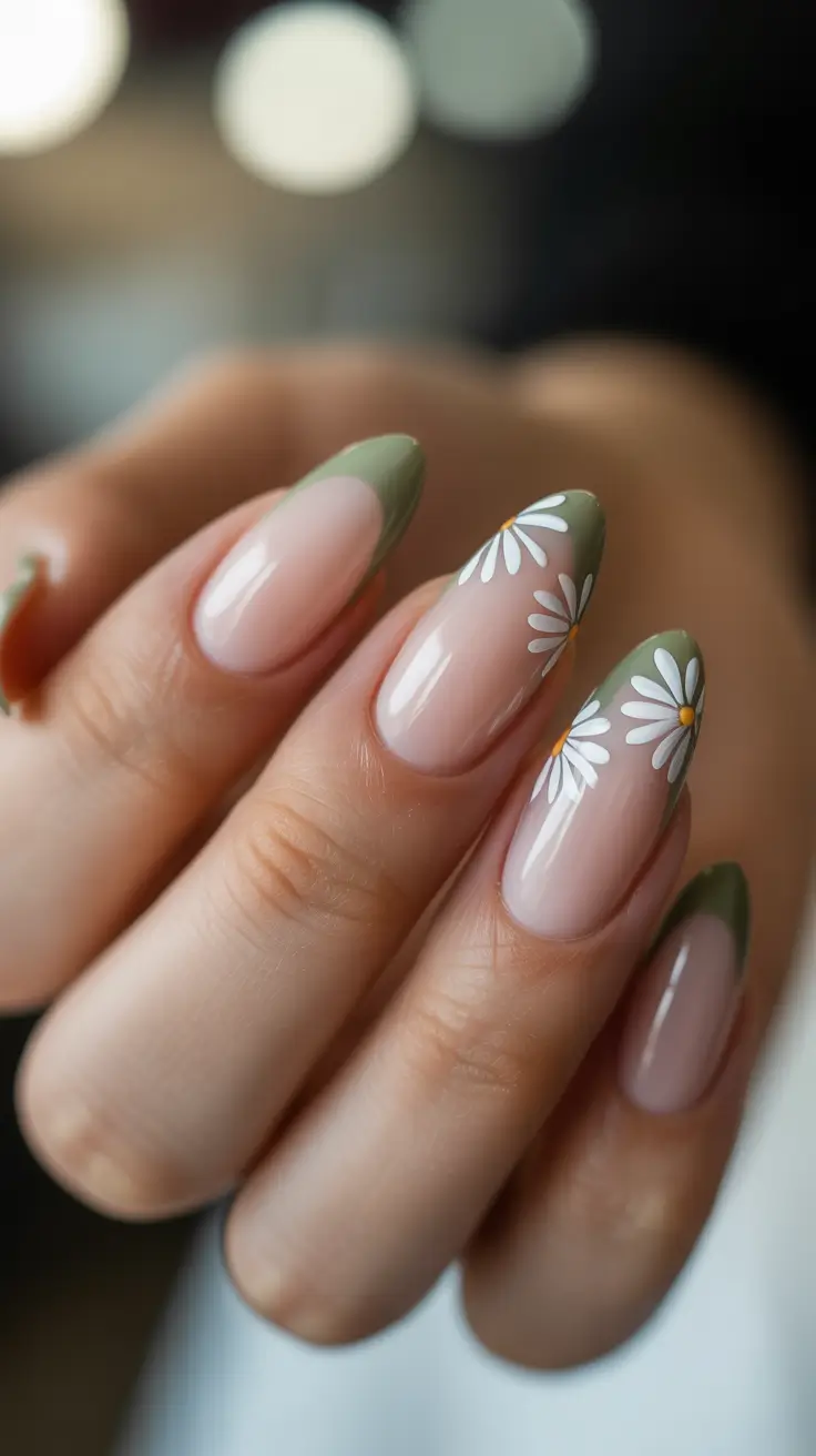 French Spring Nails 2026 + Soft Sage French With Side Daisies