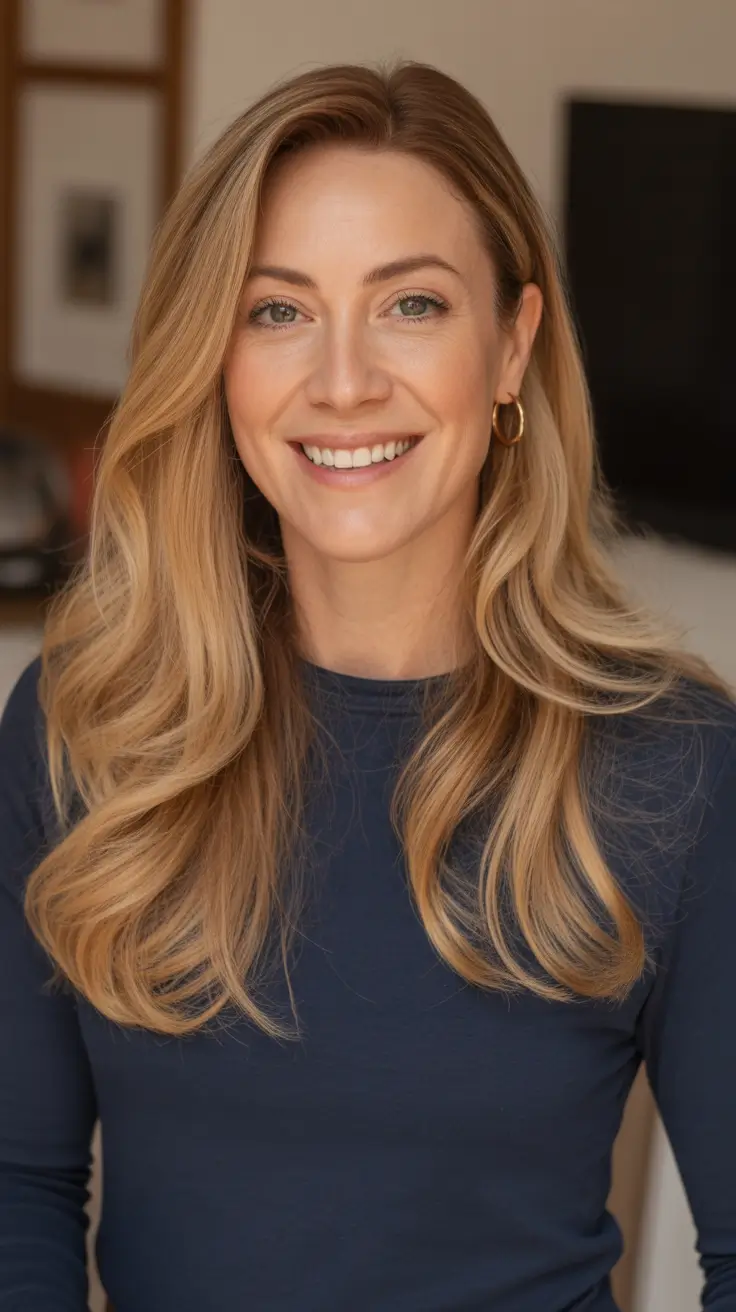 Hair color ideas to look younger 2026 Golden Honey Blonde With A Side Part Lift