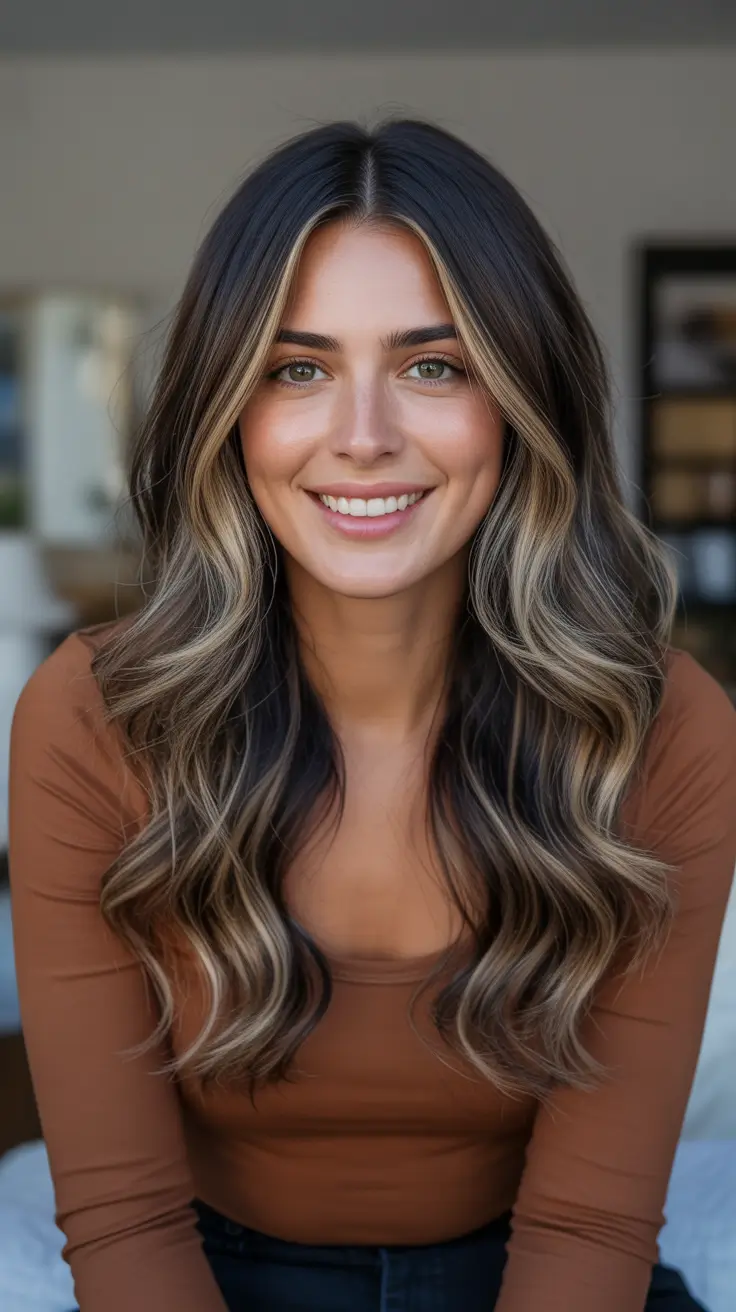 Hair color ideas to look younger 2026 Moody Brunette With Bright Money Pieces