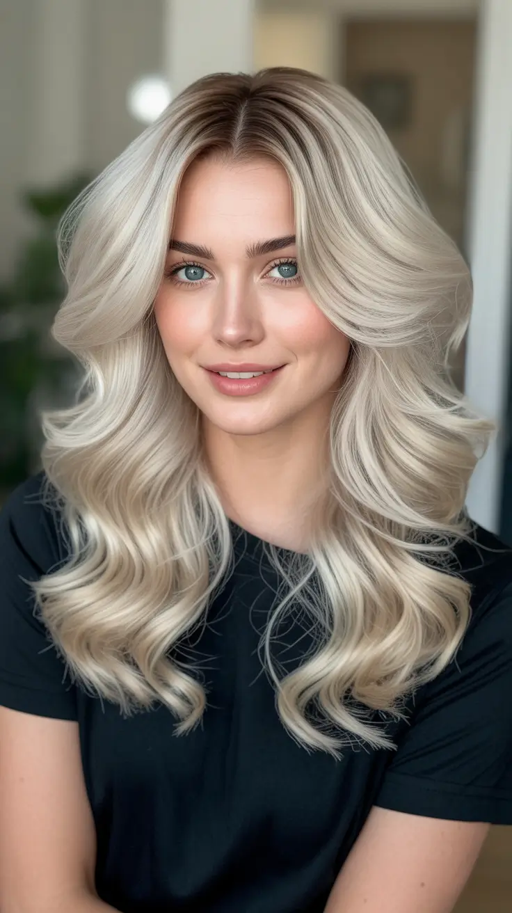 Hair color ideas to look younger 2026 Champagne Pearl Blonde With Big Soft Waves