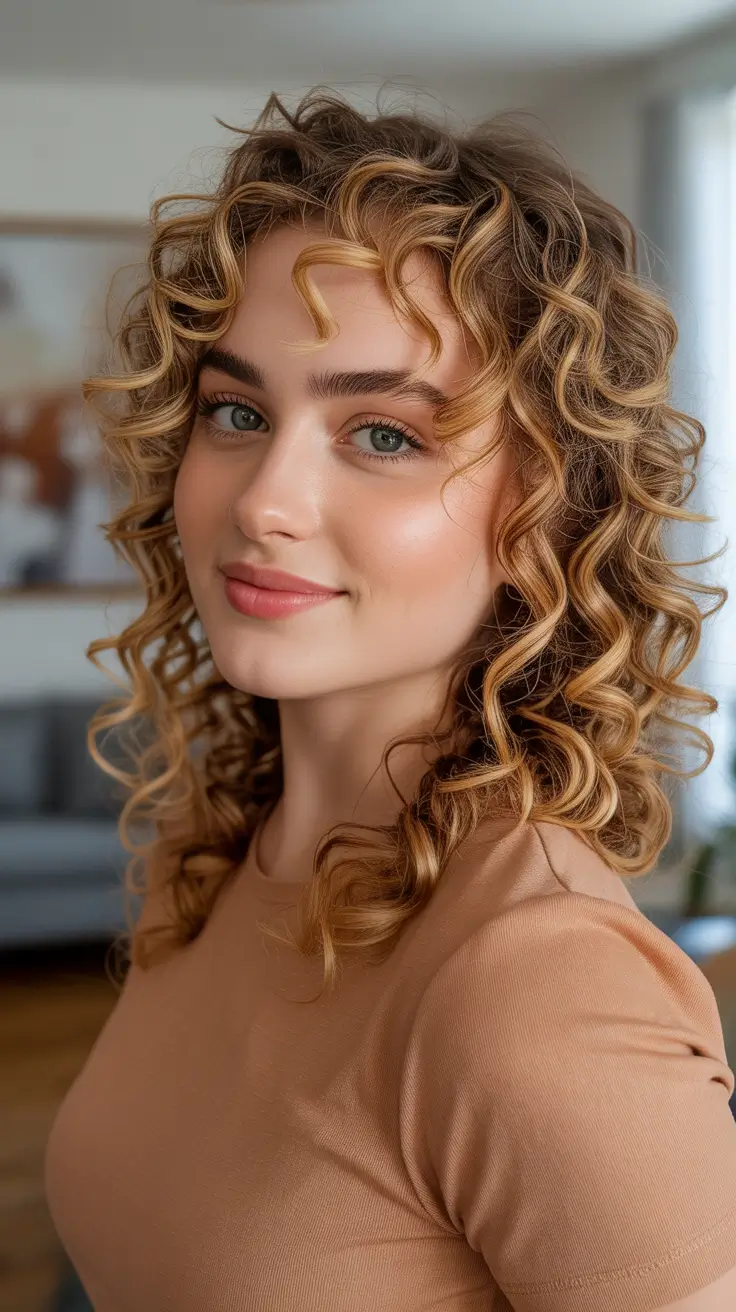 Hair color ideas to look younger 2026 Golden Highlighted Curly Bob With Soft Root Depth