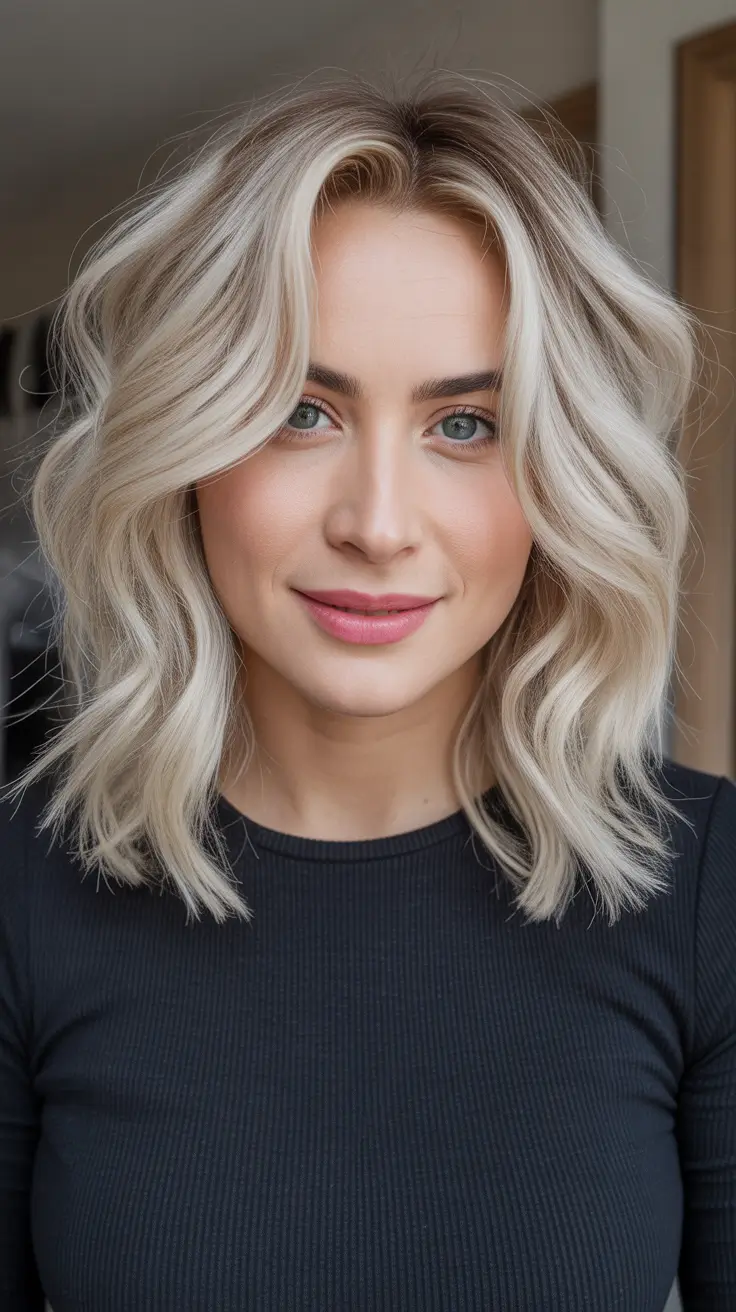 Hair color ideas to look younger 2026 Icy Blonde Wavy Lob With Shadow Root