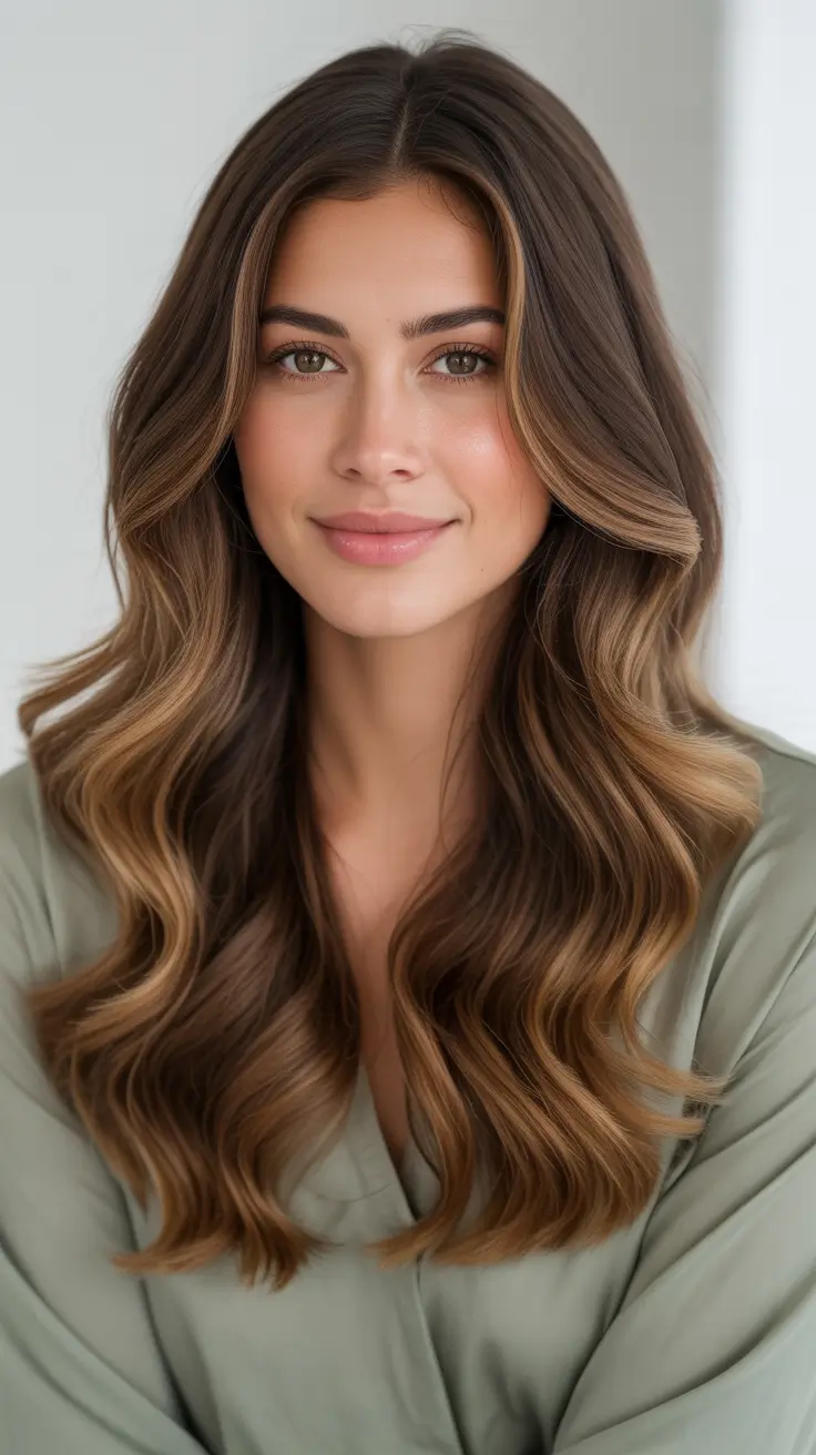 Hair color ideas to look younger 2026 Glossy Brunette With Toffee Ribbons And Soft Dimension
