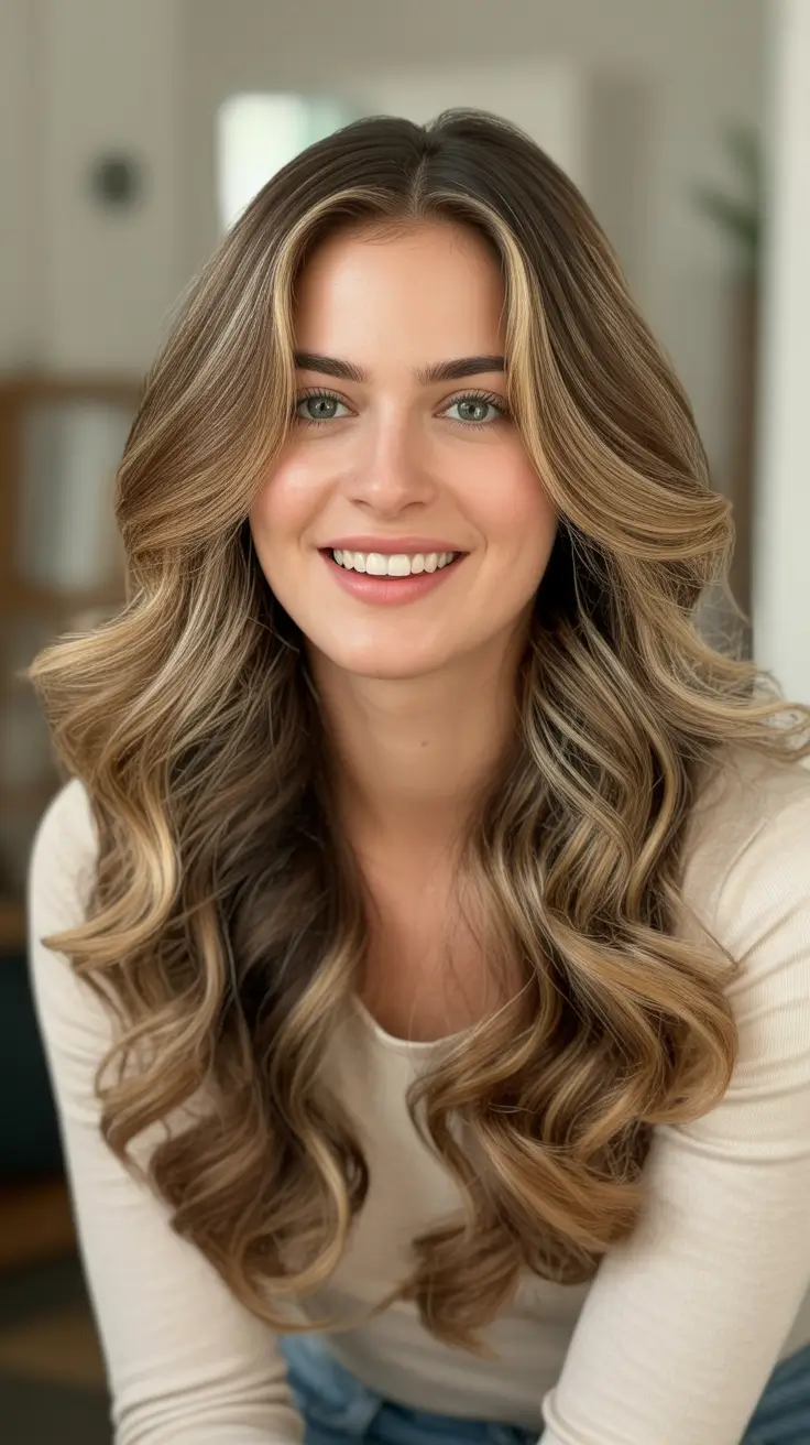 Hair color ideas to look younger 2026 Champagne Bronde With Bright Money Pieces And Big Volume