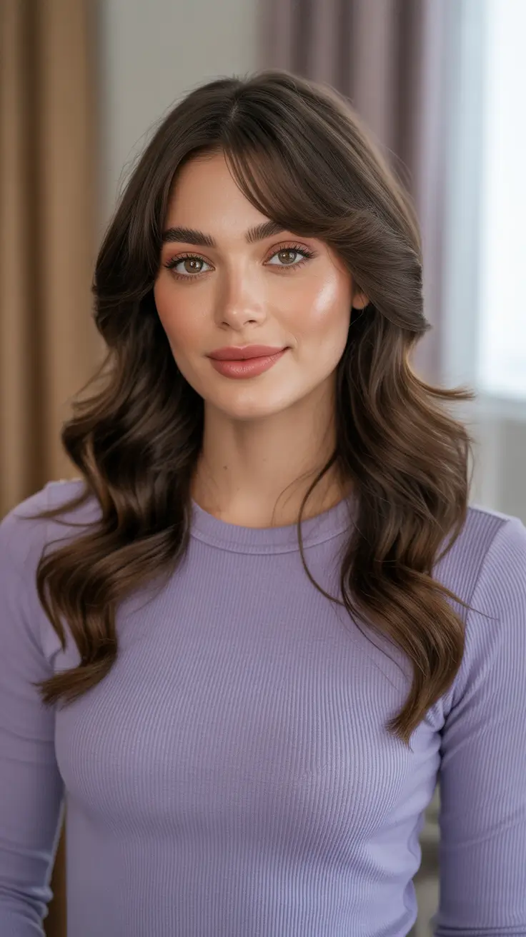 Hair color ideas to look younger 2026 Soft Chocolate Brunette With Curtain Bangs That Lift