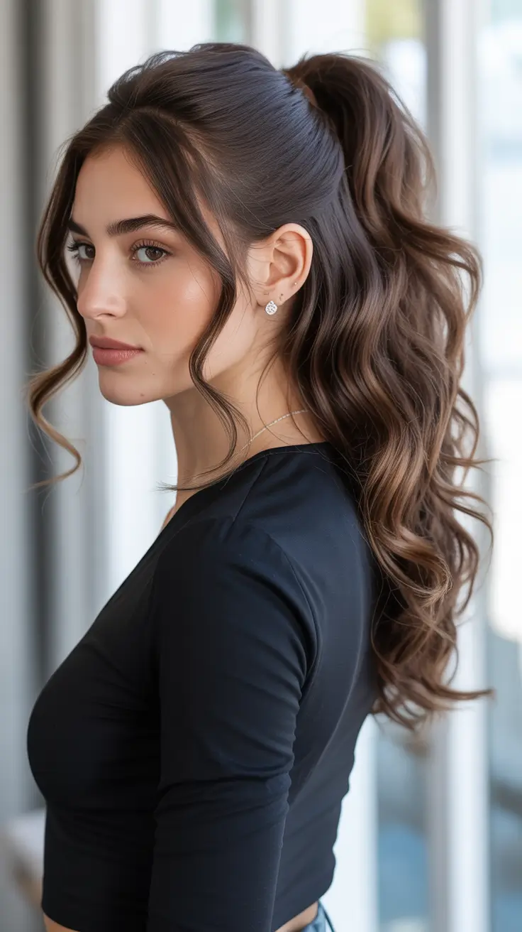 Hairstyles for long hair 2026 + High Ponytail With Loose Curls And Face Framing Pieces