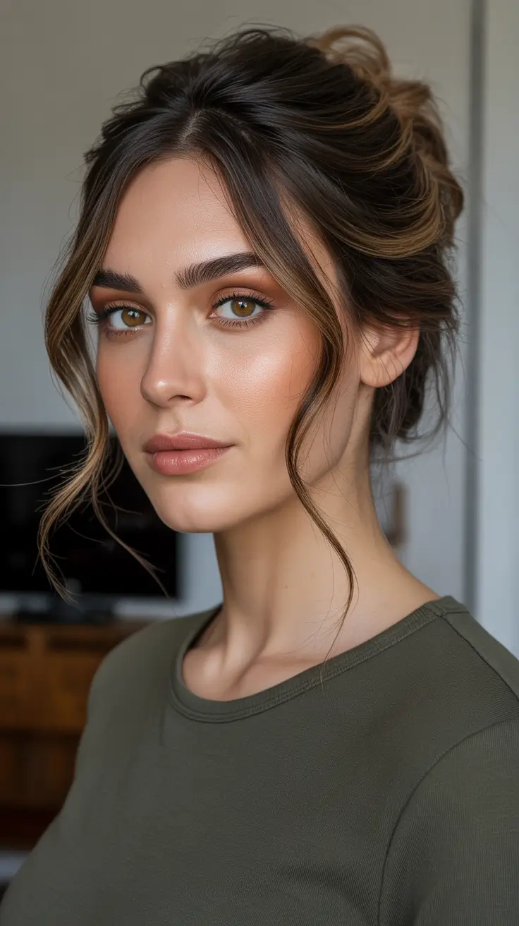 Hairstyles for medium length hair 2026 + Soft Messy Updo With Face-Framing Tendrils