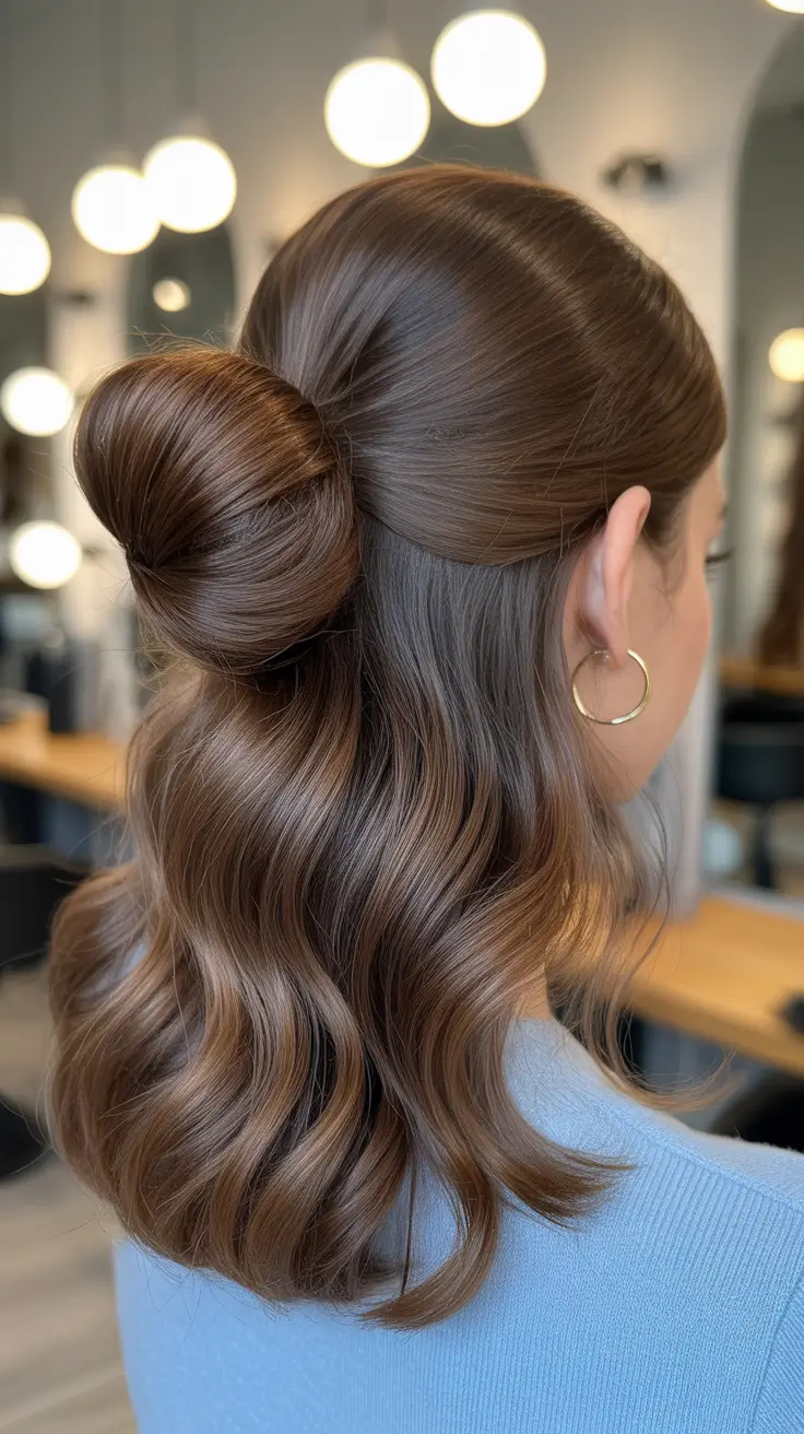 Hairstyles for medium length hair 2026 + Half-Up Bow Bun With Glossy Waves