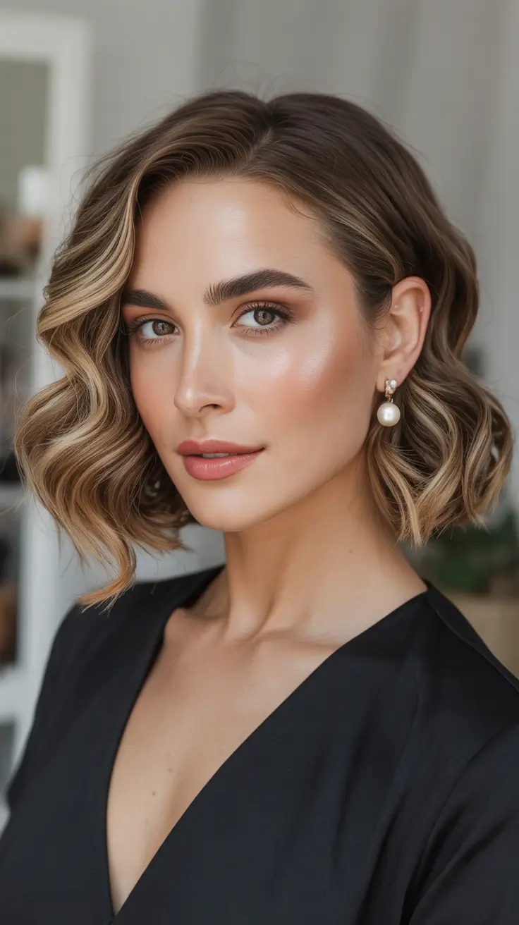 Hairstyles for medium length hair 2026 + Wavy Highlighted Bob With Soft Layers And Pearly Glam