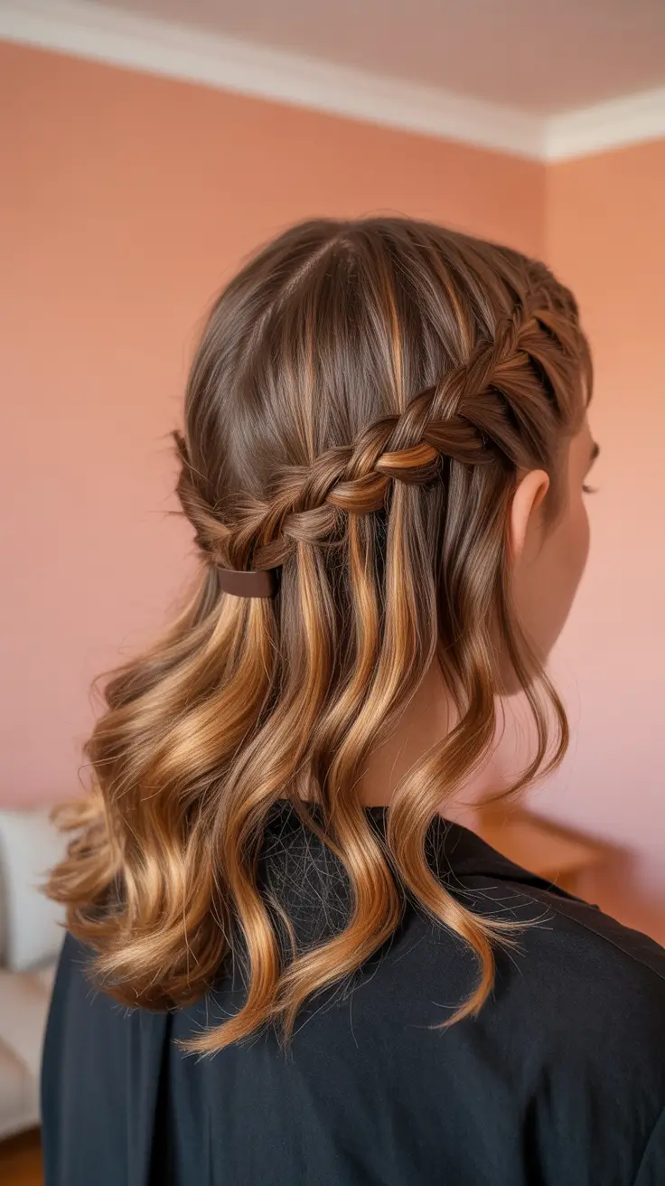 Hairstyles for medium length hair 2026 + Half-Up Waterfall Braid With Glossy Waves