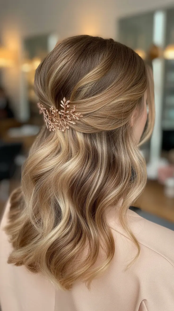 Hairstyles for medium length hair 2026 + Romantic Half-Up Waves With A Sparkly Hair Clip