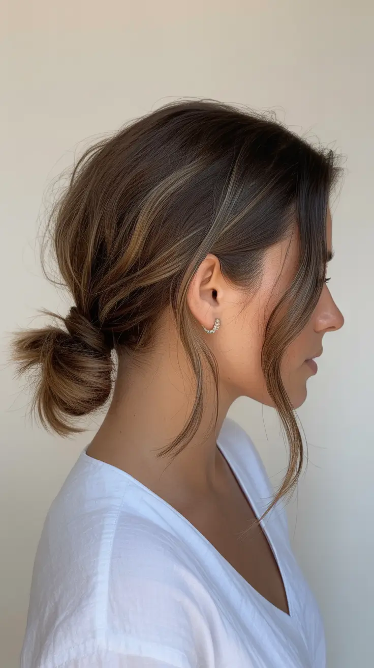 Hairstyles for medium length hair 2026 + Messy Low Bun With Loose Pieces For Off-Duty Cool