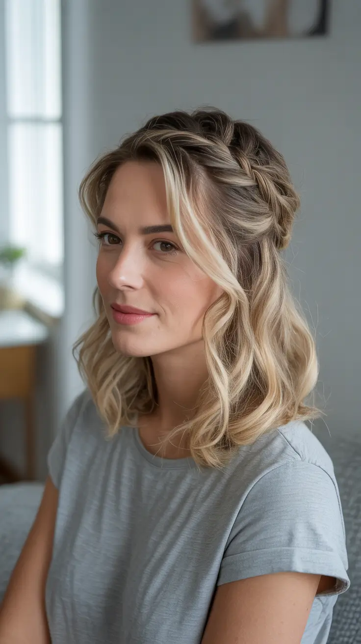 Hairstyles for medium length hair 2026 + Half-Up Braided Crown With Lived-In Texture