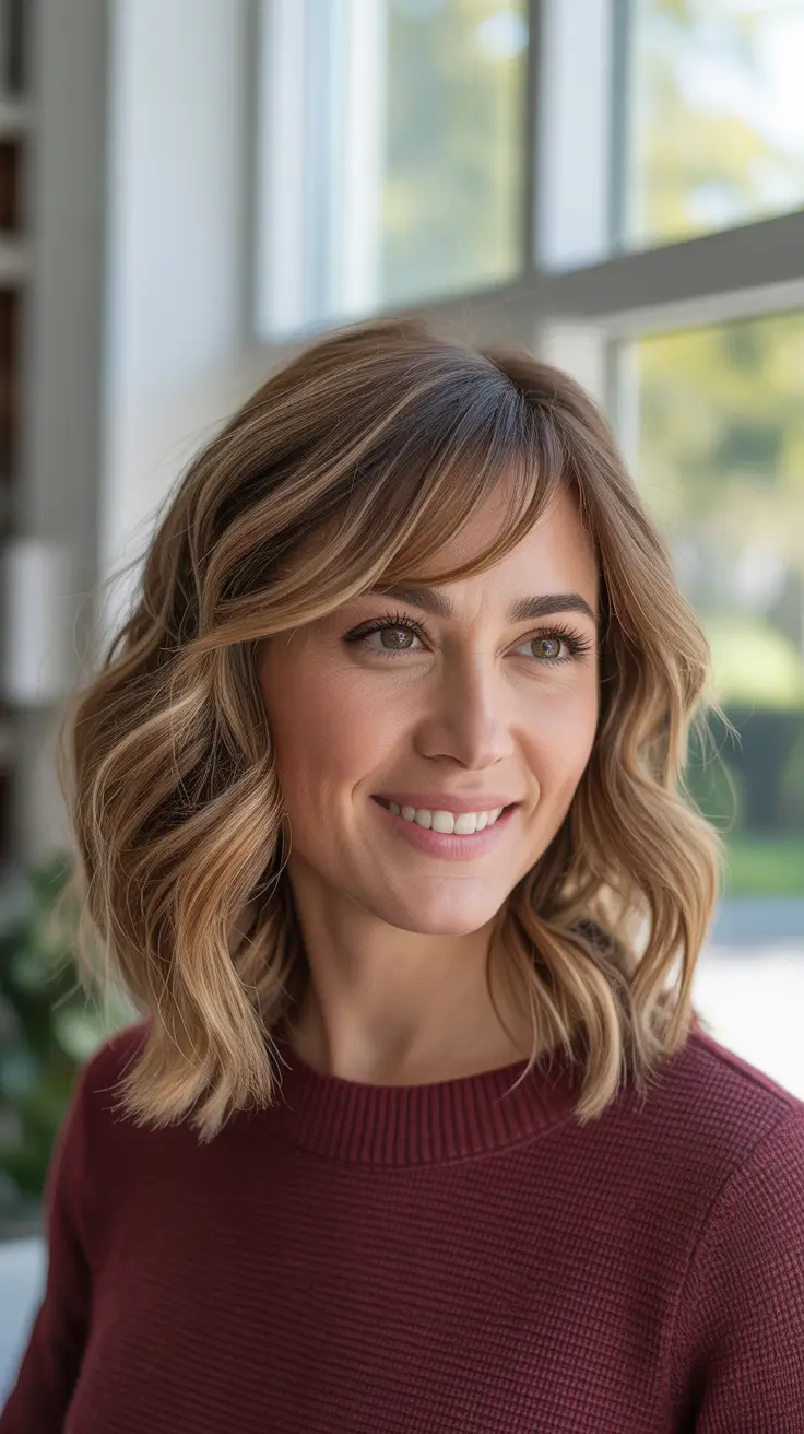Hairstyles for medium length hair 2026 + Wavy Bob With Soft Bangs And Warm Dimension