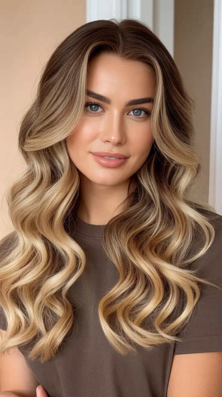 Honey blonde hair color 2026 Soft Honey Balayage With Big Glam Waves