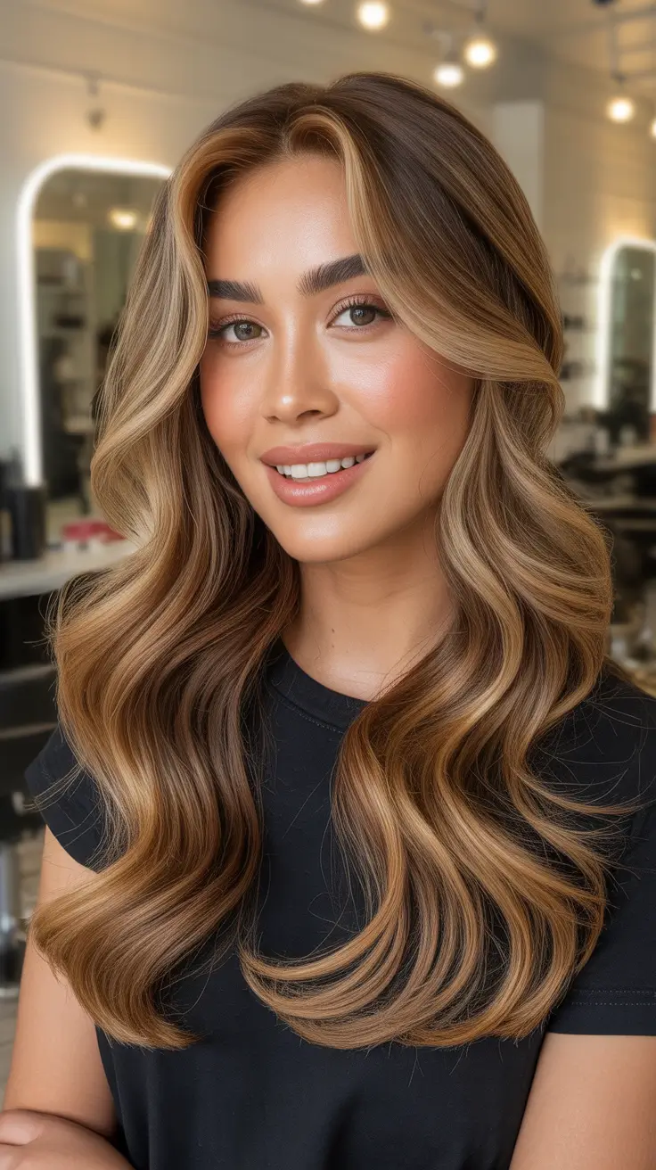 Honey blonde hair color 2026 Warm Caramel Honey Ribbons On Long Salon Waves
