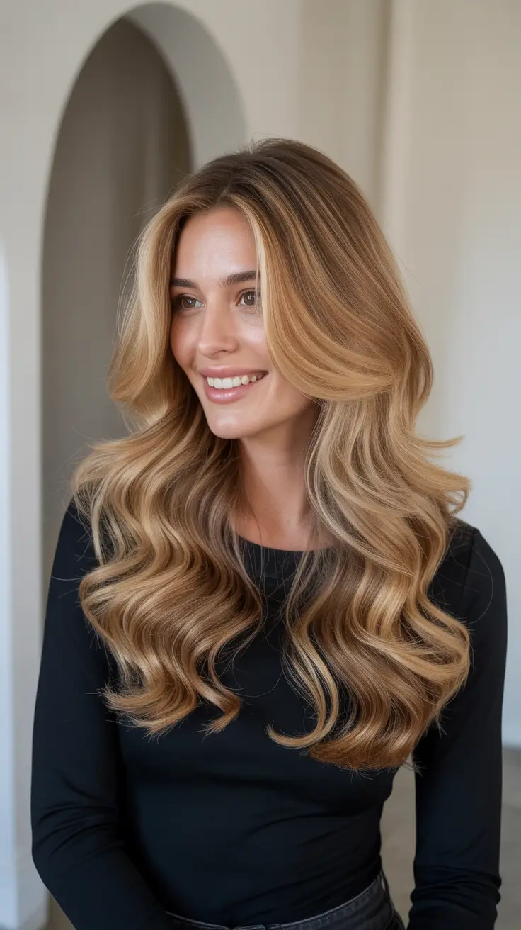 Honey blonde hair color 2026 Golden Honey Blowout With Big Bouncy Layers