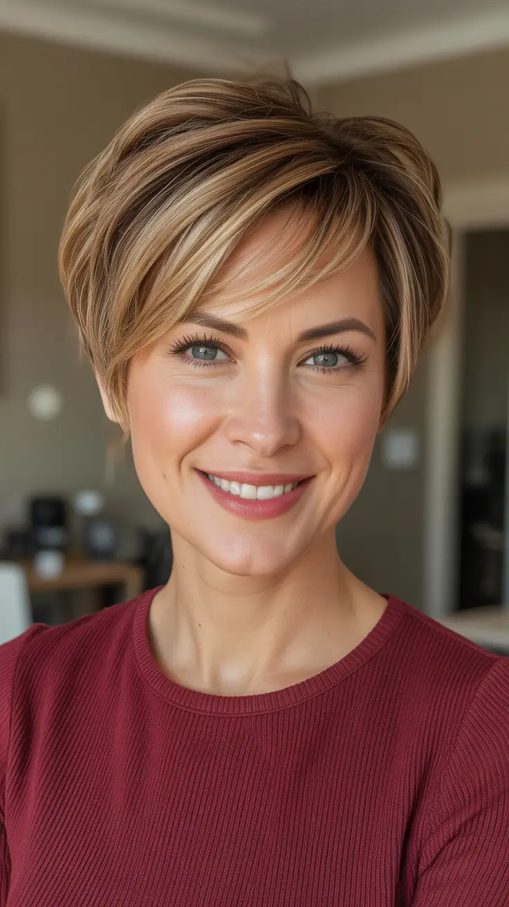 Honey brown hair color 2026 - Honey Highlighted Pixie Bob With Soft Volume