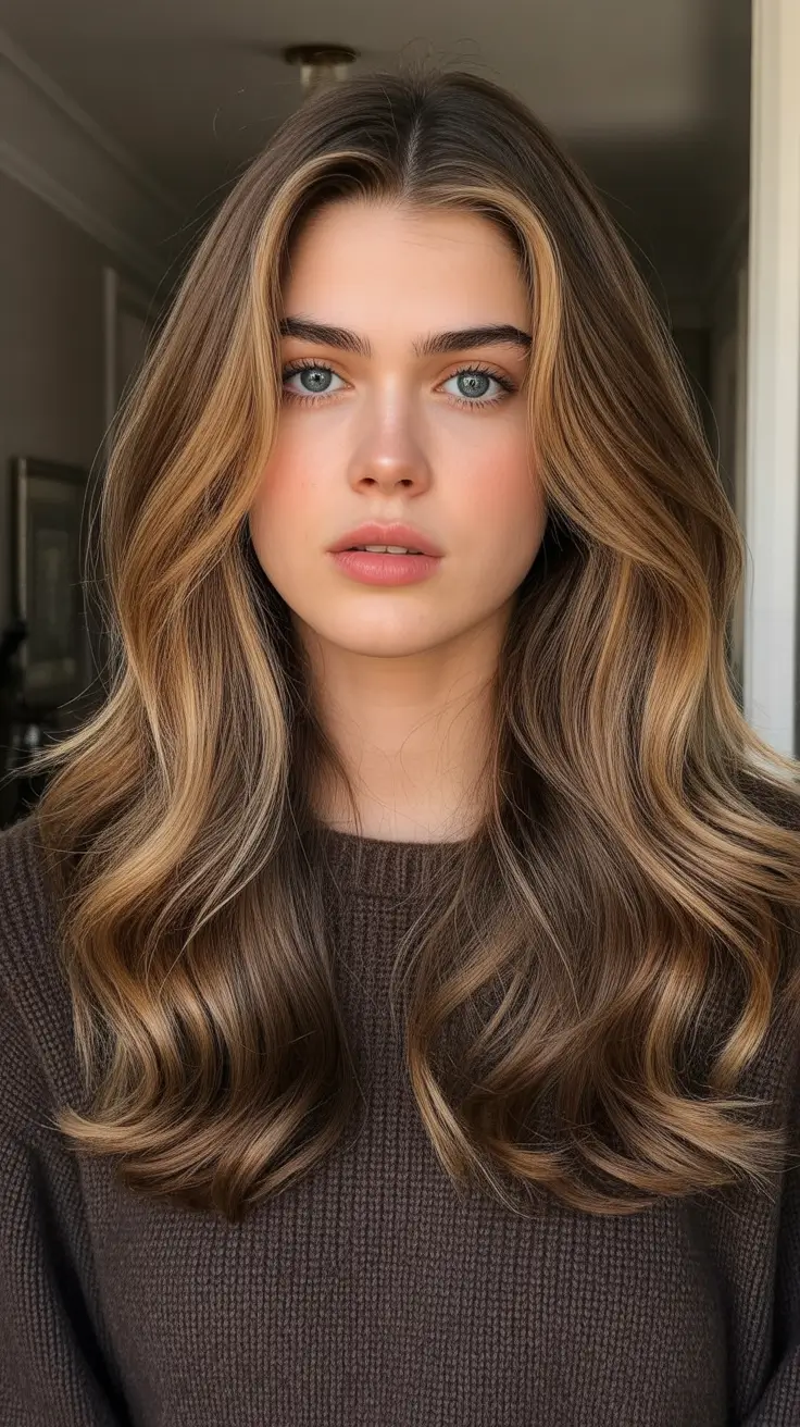 Honey brown hair color 2026 - Deep Honey Brown With Golden Ribbons And Cozy Waves