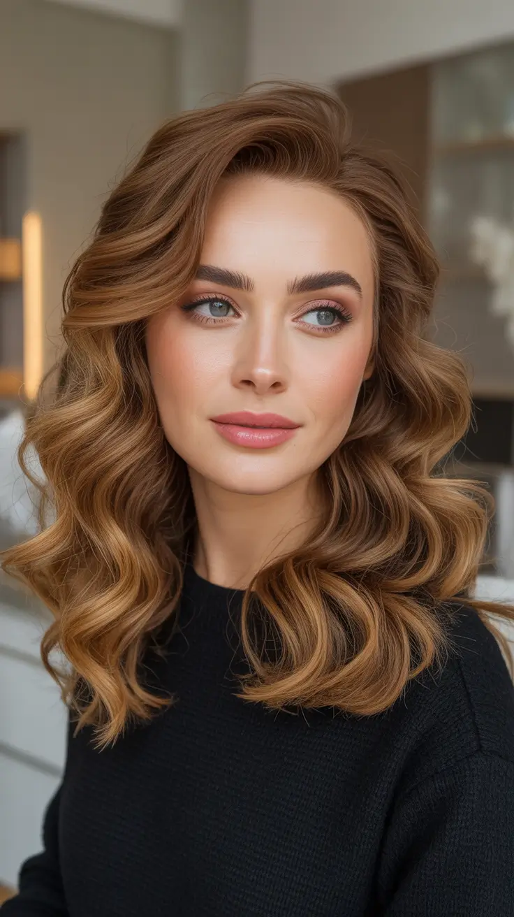 Honey brown hair color 2026 - Old Hollywood Volume In Rich Honey Chocolate Brown