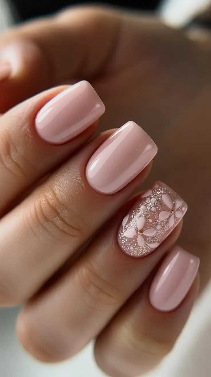 Pink Spring Nails + Milky Blush Square With A Sparkly Flower Accent