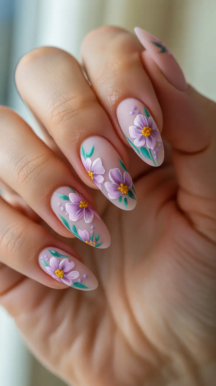 Pink Spring Nails + Lavender Garden Florals On A Soft Pink Base