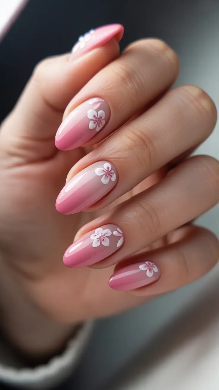 Pink Spring Nails + Pink Ombre Almond With Tiny Blossom Accents