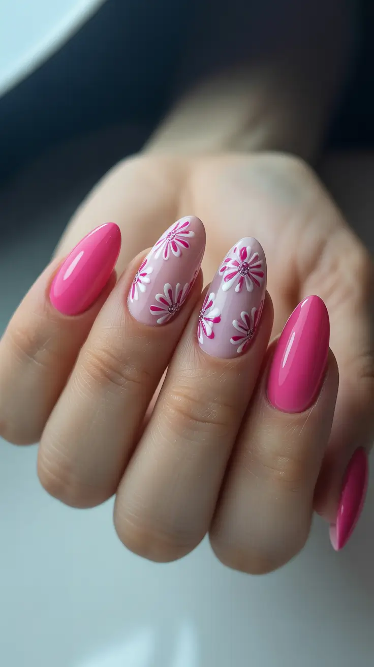 Pink Spring Nails + Hot Pink Pop With Daisy Burst Feature Nails