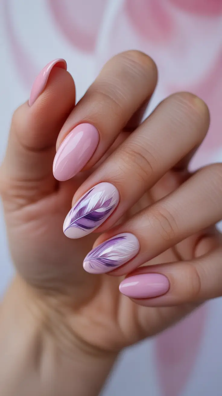 Pink Spring Nails + Soft Pink With Purple Feather Brushstroke Art
