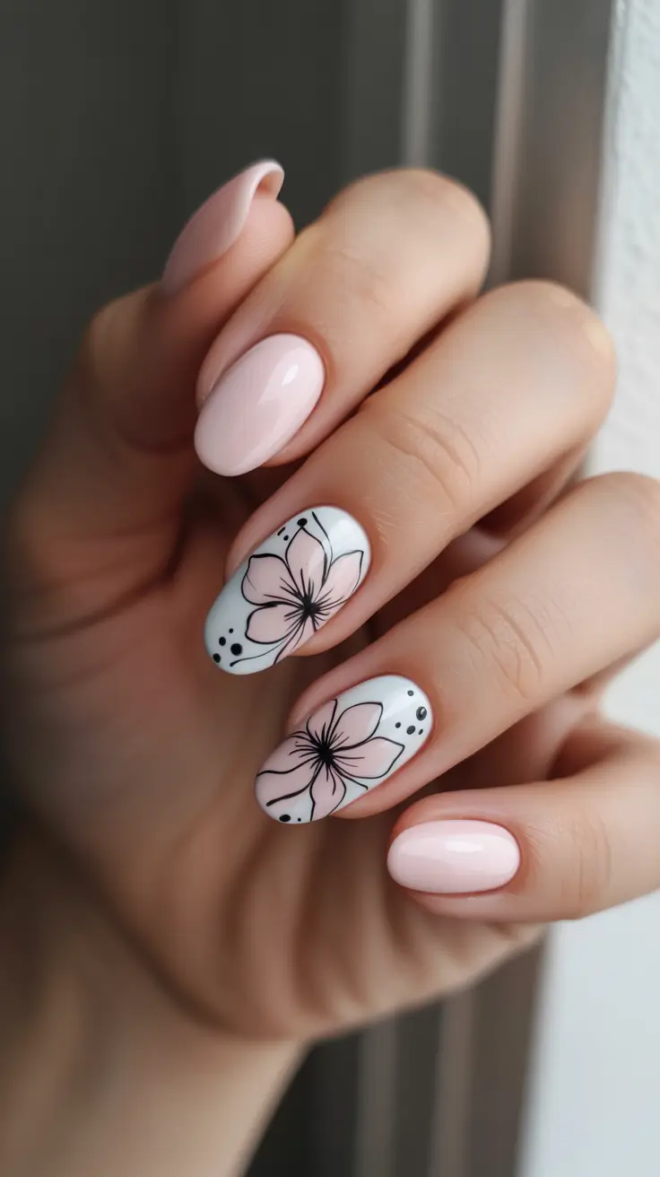 Pink Spring Nails + Minimal Pink With Graphic Line-Flower Accent Nails