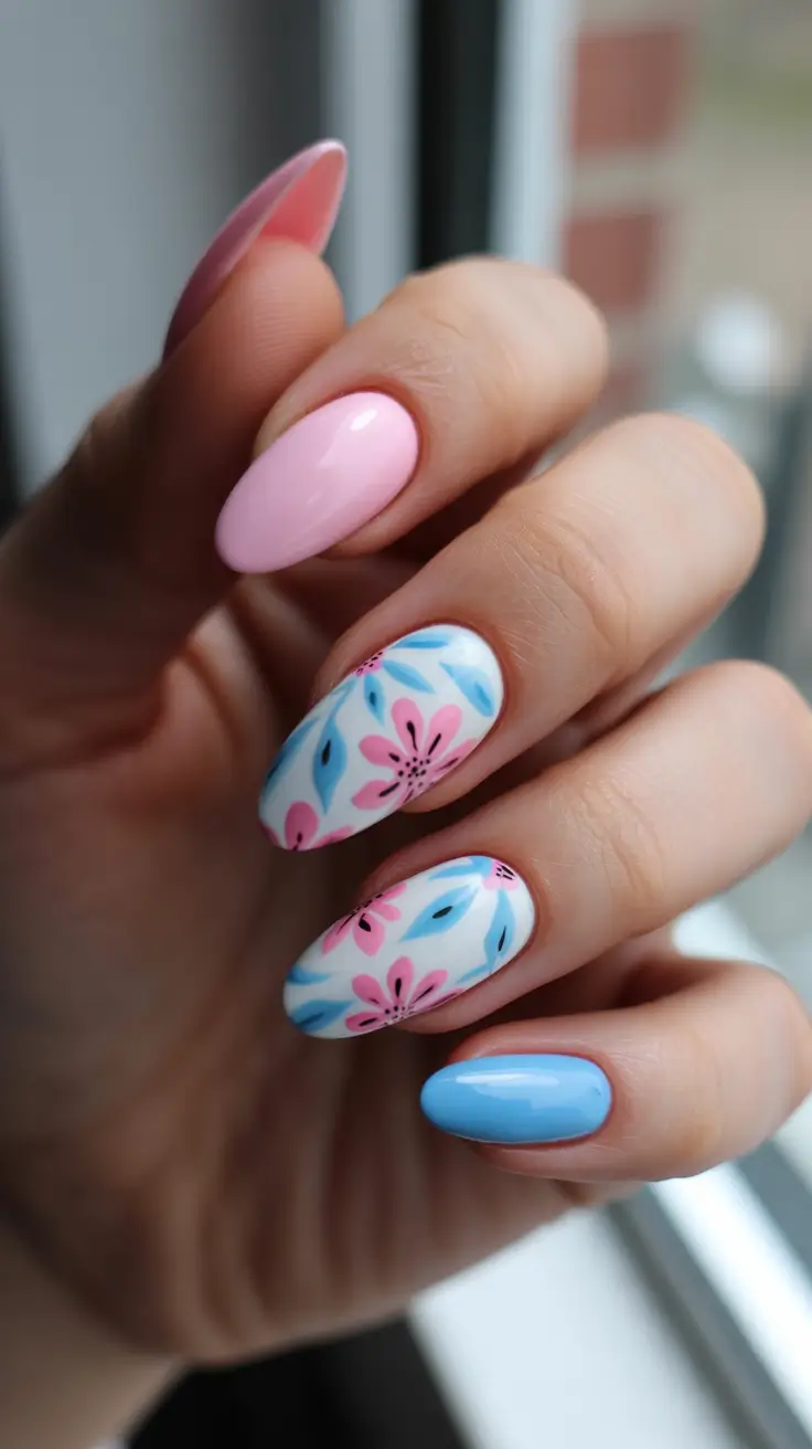 Pink Spring Nails + Sky Blue Accent With Pink Floral Tiles