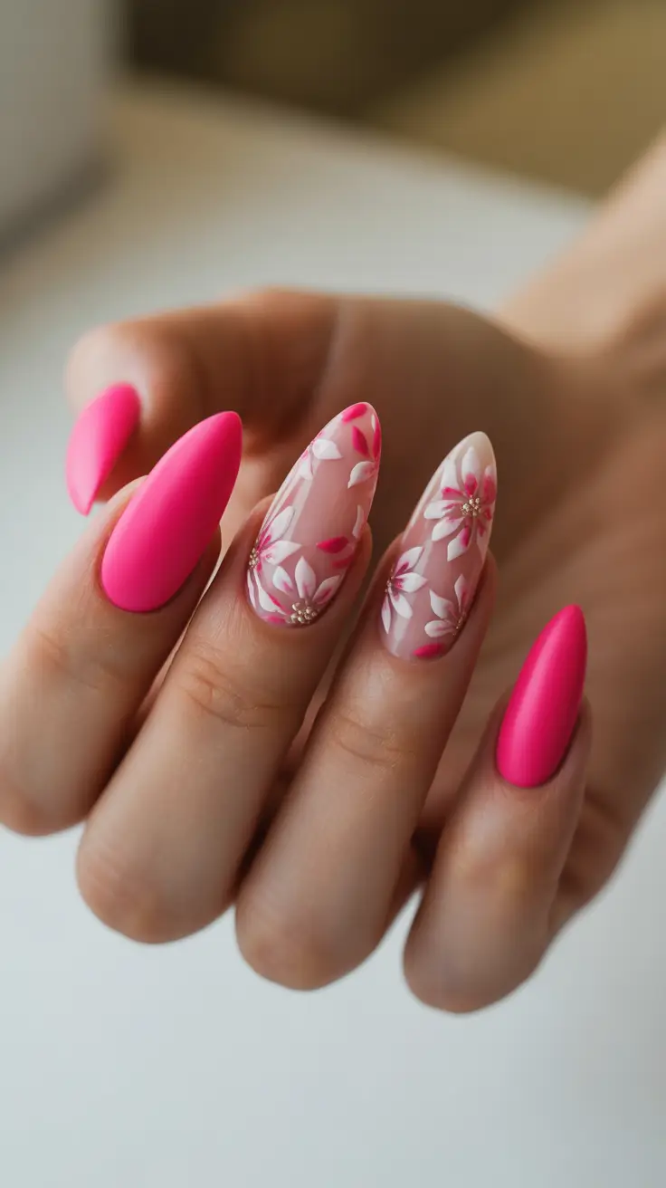 Pink Spring Nails + Matte Fuchsia With Soft Nude Flower Overlays