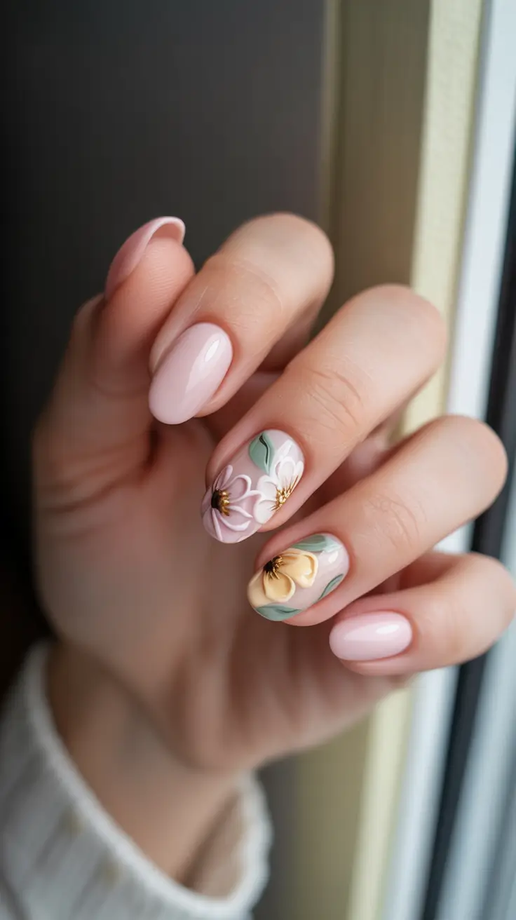 Pink Spring Nails + Soft Blush With Creamy Yellow Garden Blooms