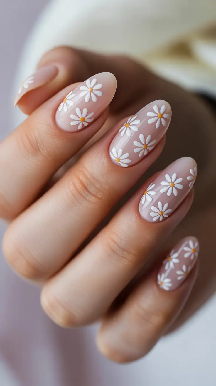 Pink Spring Nails + Sheer Pink Almond With Daisy Confetti