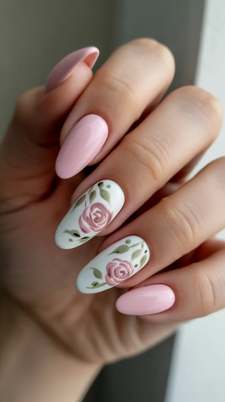 Pink Spring Nails + Classic Pink With Vintage Rose Accent Nails
