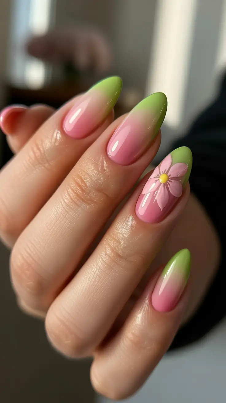 Pink Spring Nails + Pink To Green Ombré Tips With A Single Blossom