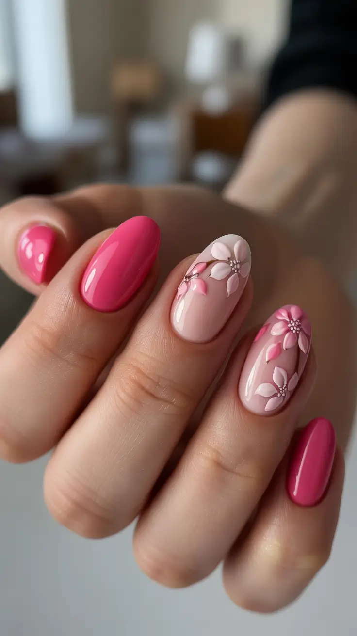 Pink Spring Nails + Deep Pink Solids With Soft 3D Floral Accents