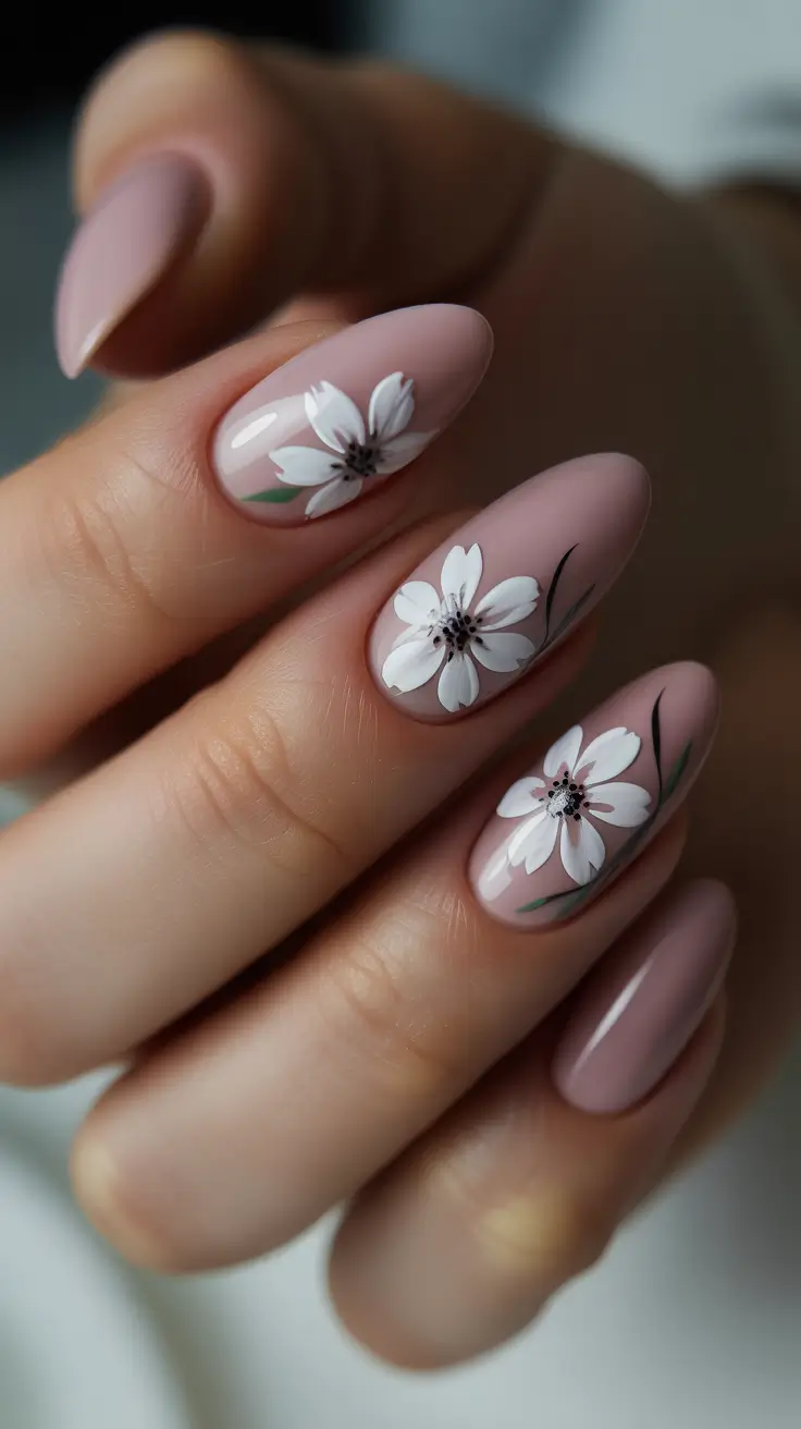 Pink Spring Nails + Soft Mauve Pink With Minimal White Blossoms