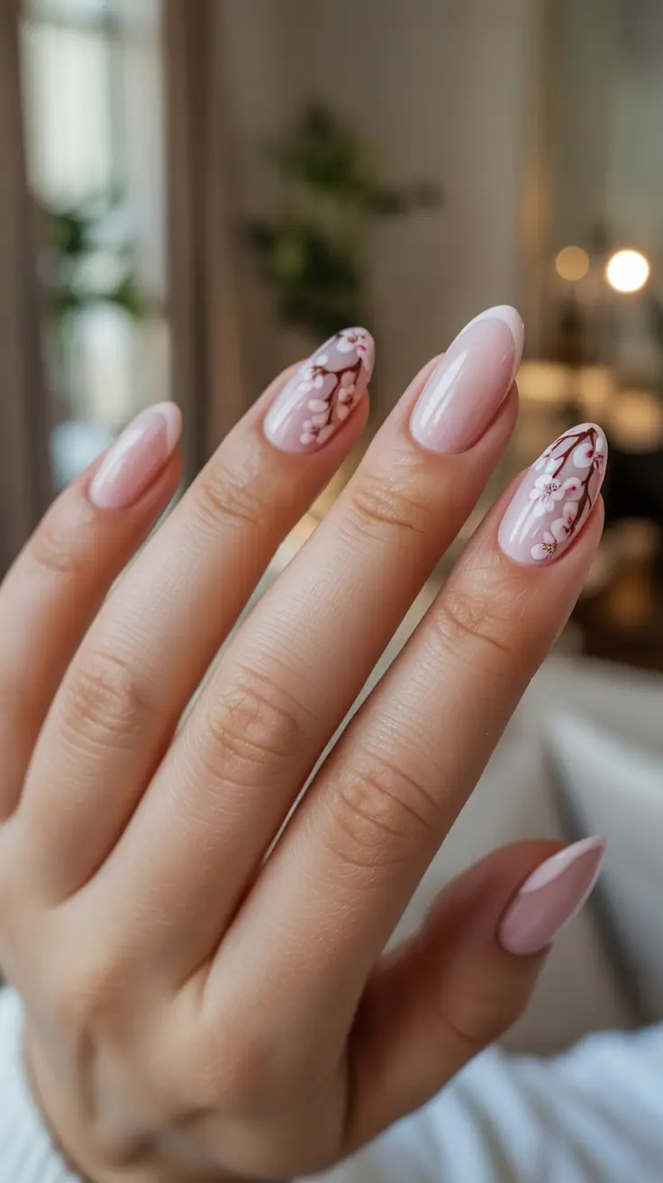Pink Spring Nails + Glossy Pink Almond With Cherry Blossom Branch Details