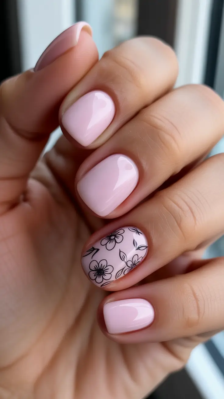 Pink Spring Nails + Milky Blush With Sketchy Floral Accent