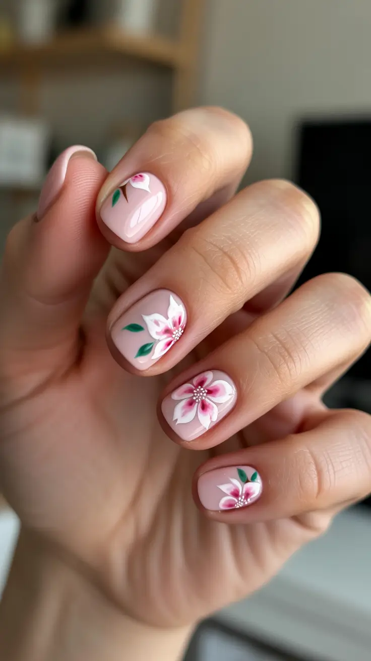 Pink Spring Nails + Petite Cherry Blossom Details On Short Pink