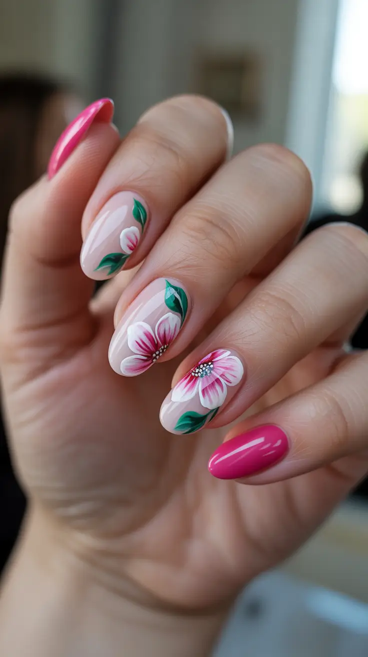 Pink Spring Nails + Hot Pink Pop With Botanical Flower Art