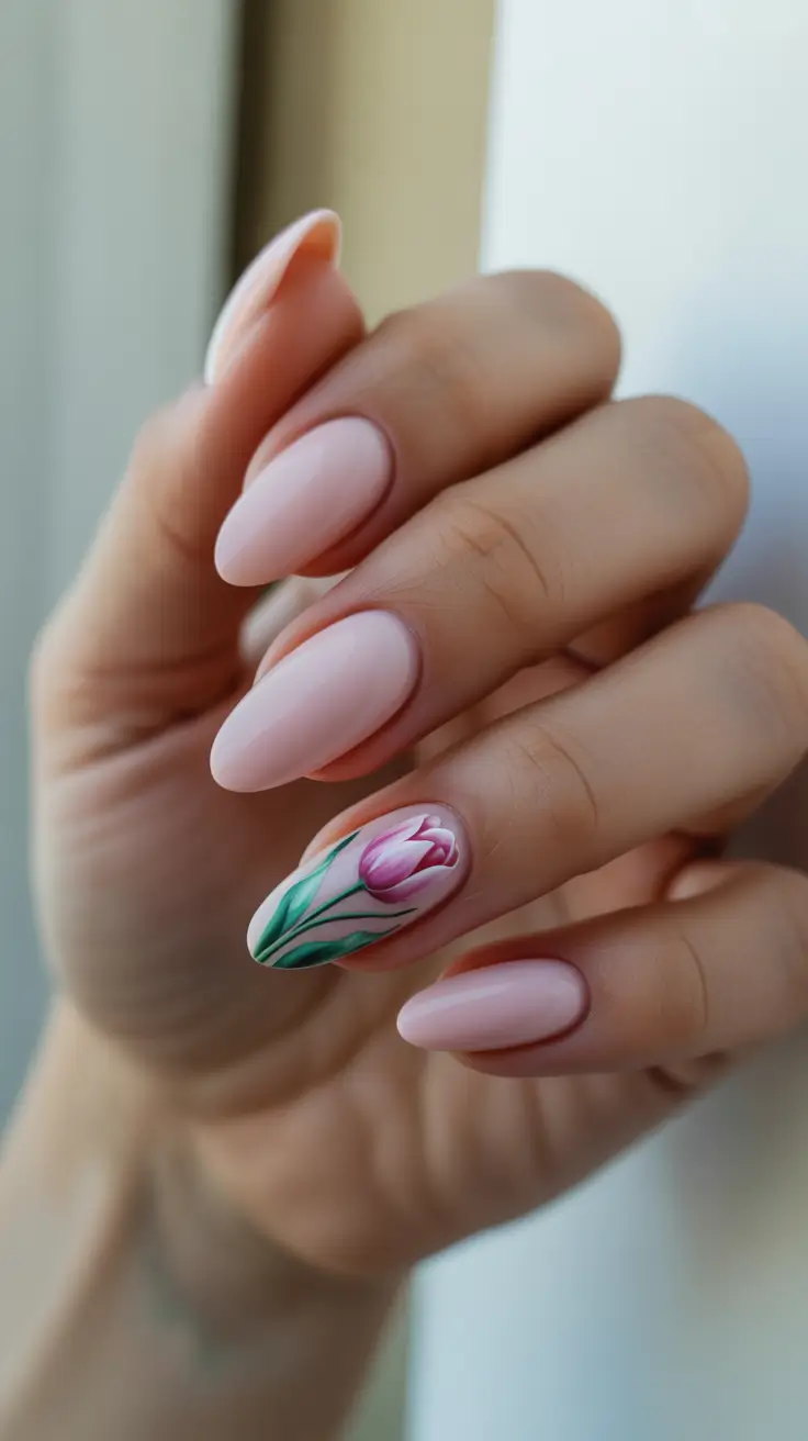Pink Spring Nails + Minimal Tulip Accent On Soft Almond Pink