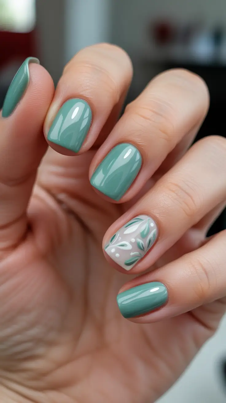 Short Spring Nails - Soft Sage Botanical Minimalism