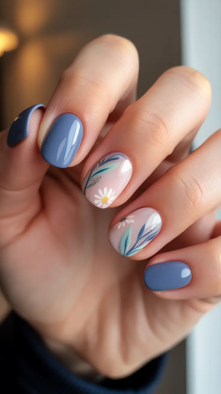 Short Spring Nails + Dusty Blue With Soft Botanical Details