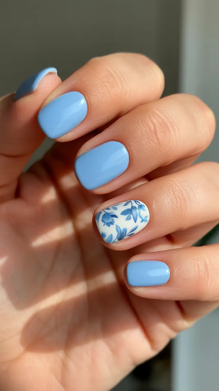 Short Spring Nails + Porcelain Blue Floral Accent On Glossy Sky